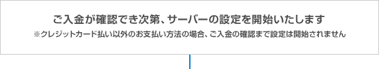 ご入金が確認でき次第、サーバーの設定を開始いたします ※クレジットカード払い以外のお支払い方法の場合、ご入金の確認まで設定は開始されません