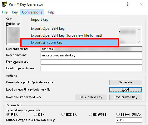 「Export ssh.com key」の選択