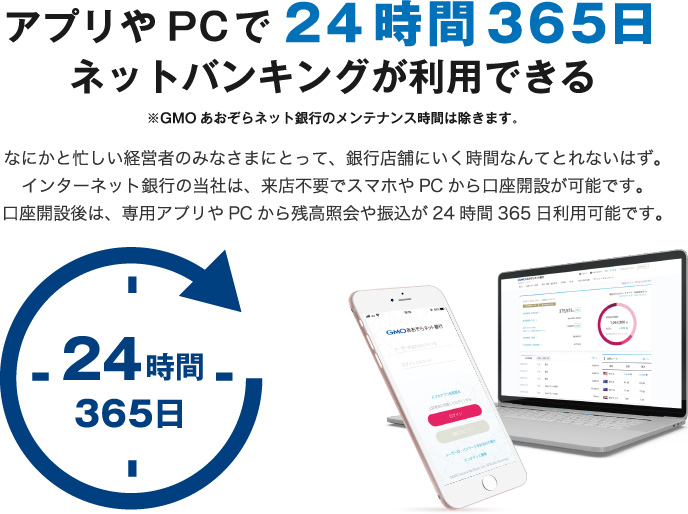 アプリやPCで24時間365日ネットバンキングが利用できる