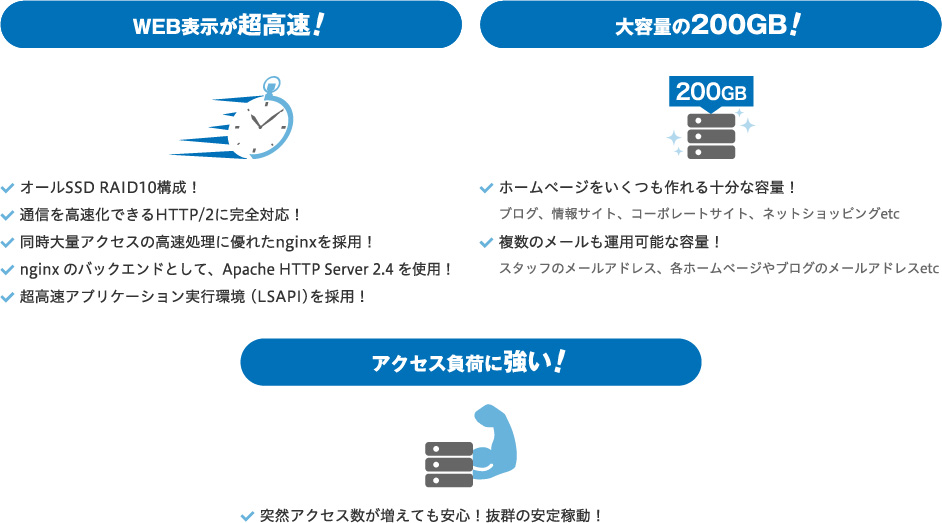 WEB表示が超高速 大容量の200GB アクセス負荷に強い